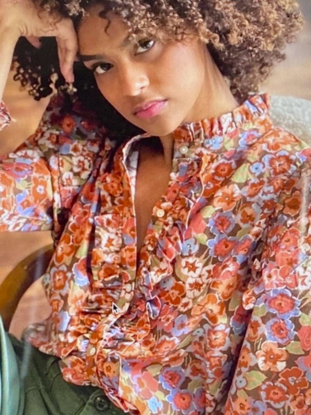 Love the Label Floral Ruffle-Trim Button Front Blouse - Orange Multi Bohemian S
